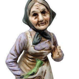 Vintage Grandmother Figurine with Bird & Walking Stick
